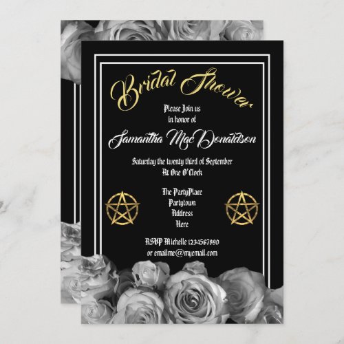 Wiccan pentacle black floral bridal shower invitation