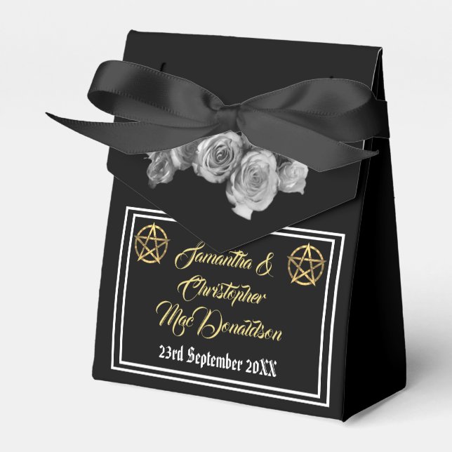 Wiccan pentacle black wedding favor boxes (Front Side)
