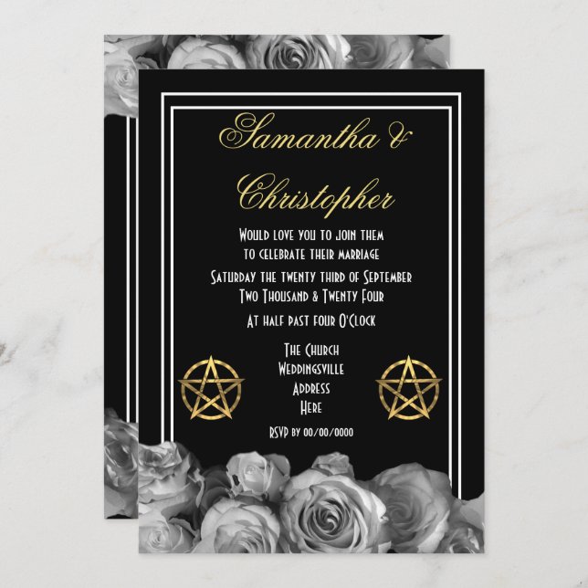 Wiccan pentacle black wedding invitation (Front/Back)