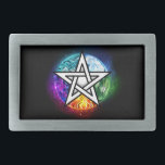 Wiccan pentagram belt buckle<br><div class="desc">Artistically drawn,  luminous pentagram with five magical elements,  water,  earth,  fire,  astral,  air on black background. Wiccan pentagram. Wicca</div>
