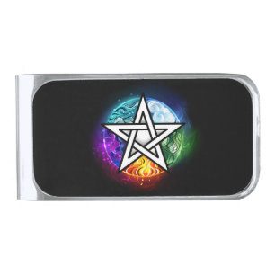 Wiccan pentagram silver finish money clip