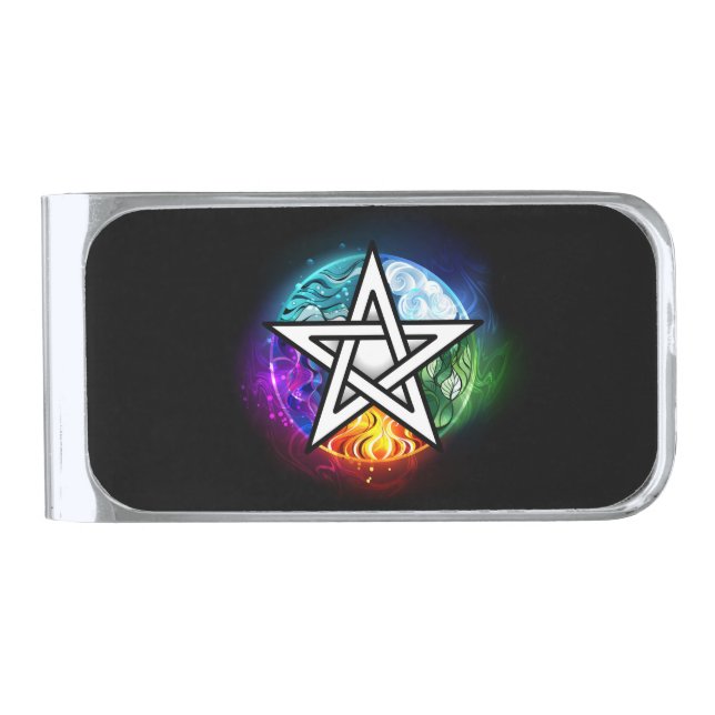 Wiccan pentagram silver finish money clip (Front)