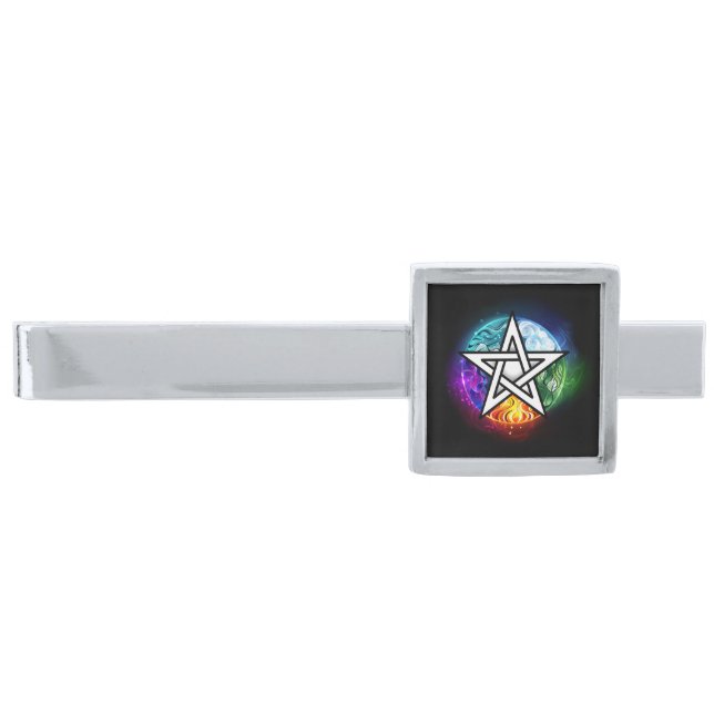 Wiccan pentagram silver finish tie bar (Front)