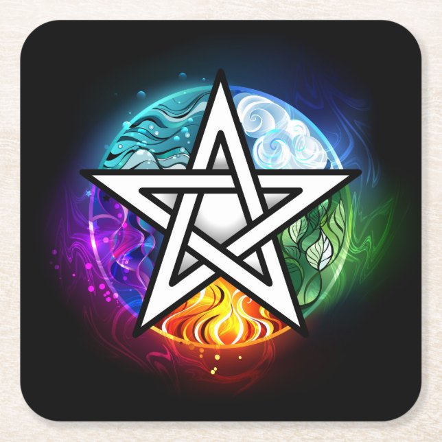 Wiccan pentagram square paper coaster (Front)