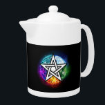 Wiccan pentagram teapot<br><div class="desc">Artistically drawn,  luminous pentagram with five magical elements,  water,  earth,  fire,  astral,  air on black background. Wiccan pentagram. Wicca</div>