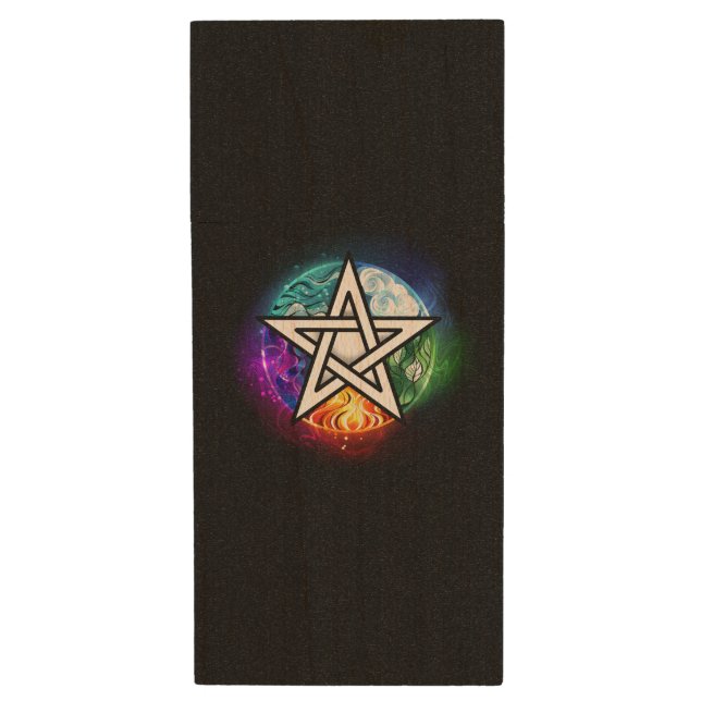 Wiccan pentagram wood flash drive (Front Vertical)