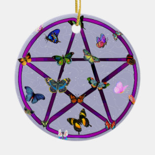 Wiccan Star and Butterflies Ceramic Ornament