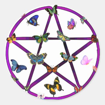Wiccan Star And Butterflies Classic Round Sticker by orsobear at Zazzle