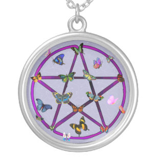 Wiccan Star and Butterflies Silver Plated Necklace