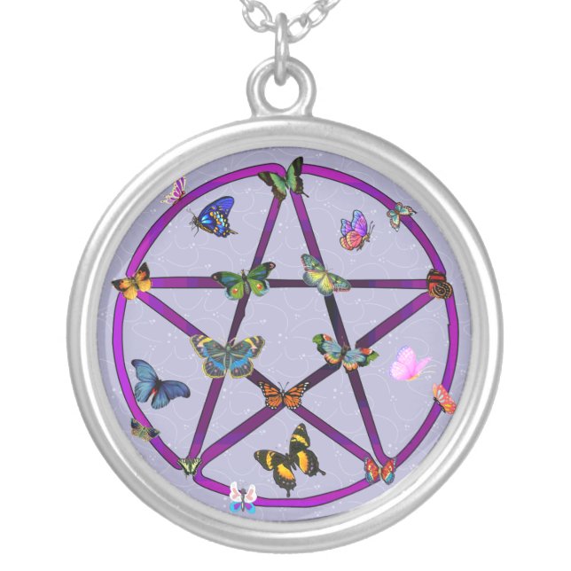 Wiccan Star and Butterflies Silver Plated Necklace (Front)