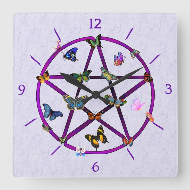 Wiccan Star and Butterflies Square Wall Clock (Front)