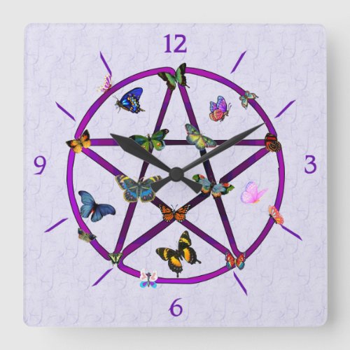 Wiccan Star and Butterflies Square Wall Clock