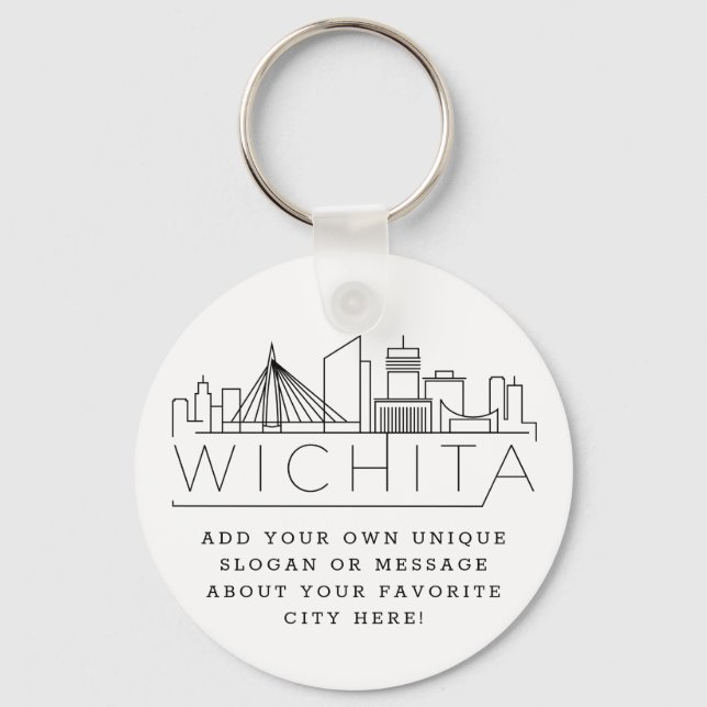 Wichita, Kansas Stylized Skyline | Custom Slogan Keychain (Front)