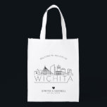 Wichita, Kansas Wedding | Stylized Skyline Grocery Bag<br><div class="desc">A unique wedding bag for a wedding taking place in the beautiful city of Wichita,  Kansas.  This bag features a stylized illustration of the city's unique skyline with its name underneath.  This is followed by your wedding day information in a matching open lined style.</div>