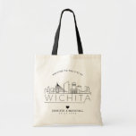 Wichita, Kansas Wedding | Stylized Skyline Tote Bag<br><div class="desc">A unique wedding tote bag for a wedding taking place in the beautiful city of Wichita,  Kansas.  This tote features a stylized illustration of the city's unique skyline with its name underneath.  This is followed by your wedding day information in a matching open lined style.</div>