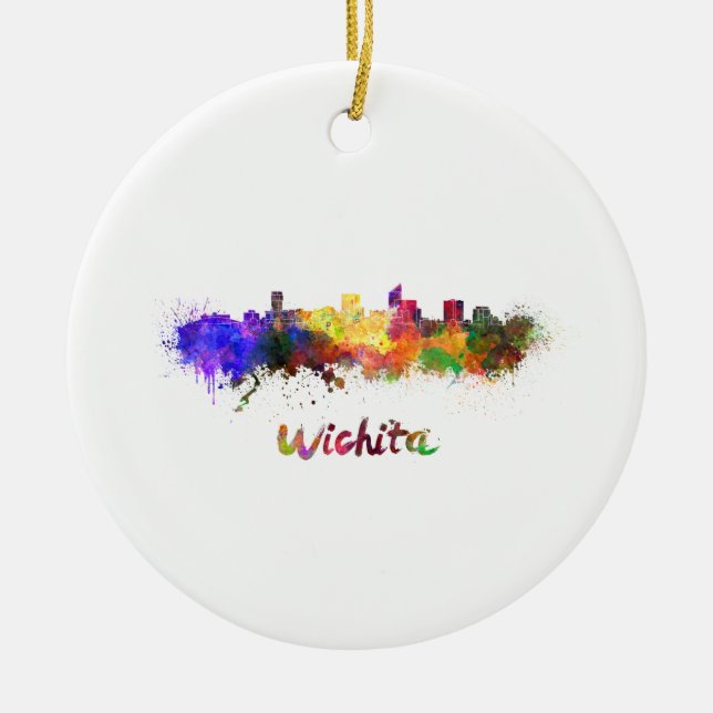 Wichita skyline in watercolor ceramic ornament (Front)
