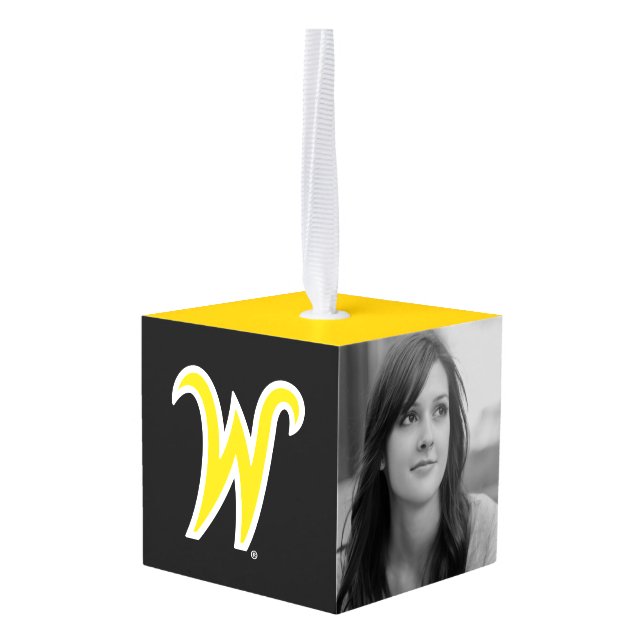 Wichita State University W Cube Ornament (Back Angled)