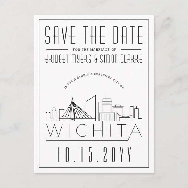 Wichita Wedding | Stylized Skyline Save the Date Postcard (Front)