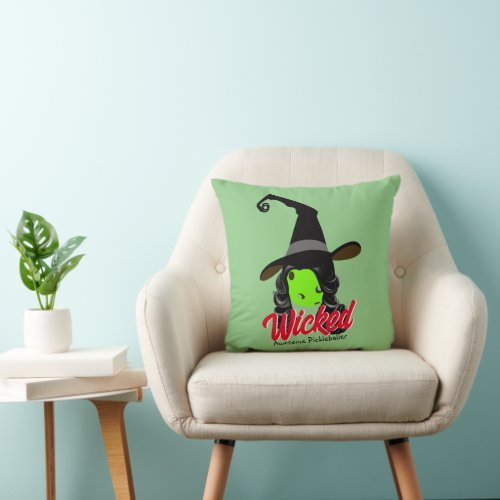 Wicked Awesome Green Pickleball Witch Halloween Throw Pillow