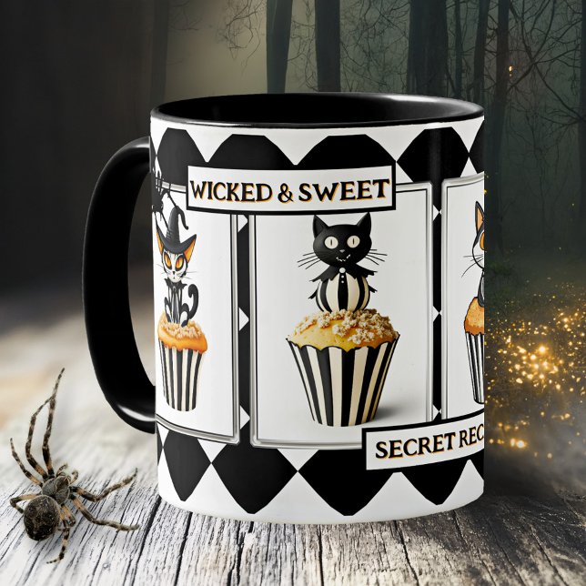 Wicked Cats Cupcake Halloween Treats Coffee Mug (Halloween mug featuring cupcake cat treats with spiders on black and white)