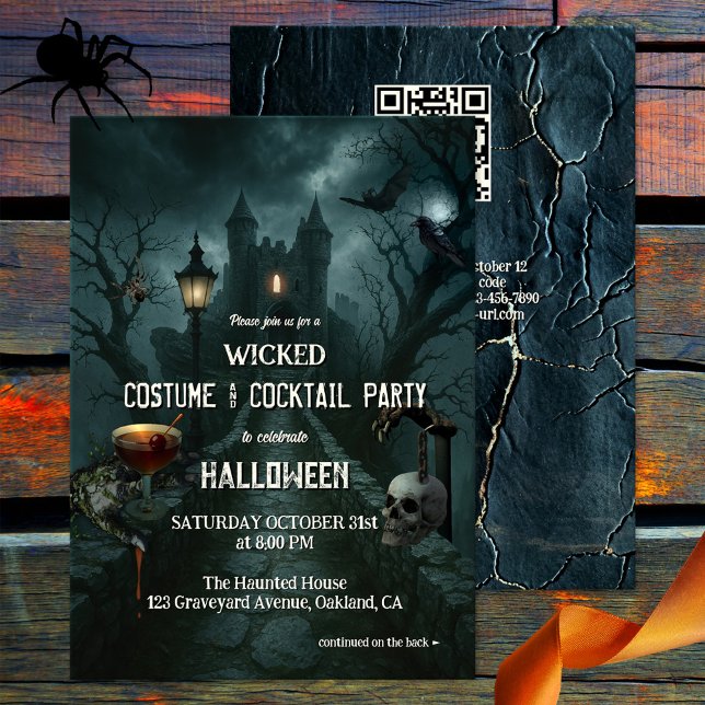 Wicked Costume and Cocktail Halloween Party Invitation (Costume and cocktail Halloween party invitation featuring an old castle on a dark night)