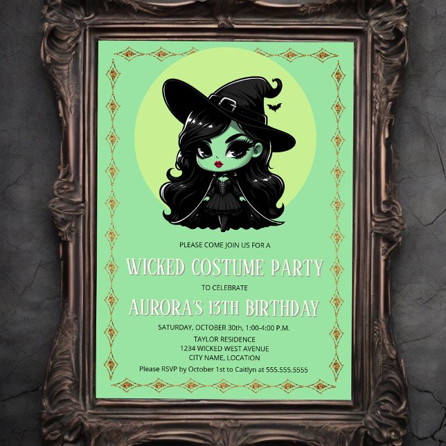 Wicked Green Witch Costume Party Invitation (Cute wicked little green witch invitation front view.)