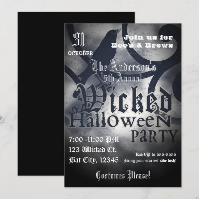 Wicked Halloween Party Black Crow Bird Invitation (Front/Back)