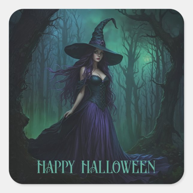 Wicked Halloween Witch in Purple and Black Square Sticker (Front)