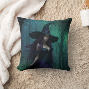Wicked Halloween Witch in Purple and Black Throw Pillow