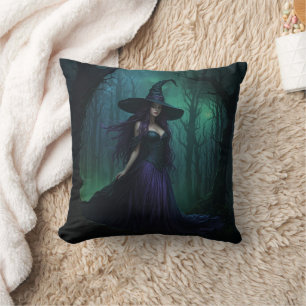 Wicked Halloween Witch in Purple and Black Throw Pillow
