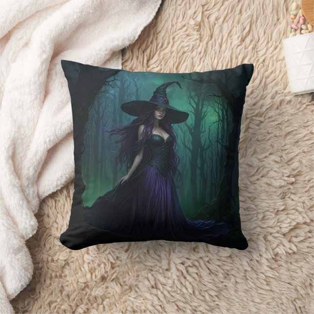 Wicked Halloween Witch in Purple and Black Throw Pillow (Blanket)