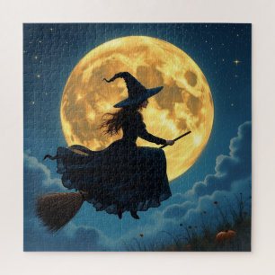 Wicked Halloween Witch on Broom with Full Moon Jigsaw Puzzle