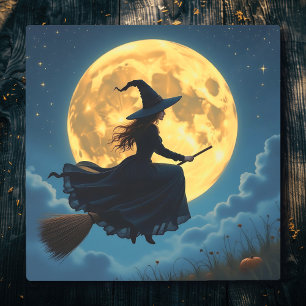 Wicked Halloween Witch on Broom with Full Moon Metal Print