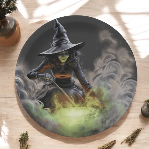Wicked Halloween Witch Stirring Boiling Cauldron Paper Plates