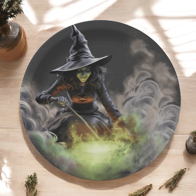 Wicked Halloween Witch Stirring Boiling Cauldron Paper Plates (Creator Uploaded)