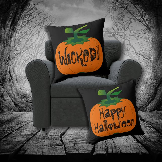 Wicked Happy Halloween Black  Orange Pumpkin Throw Pillow (Creator Uploaded)
