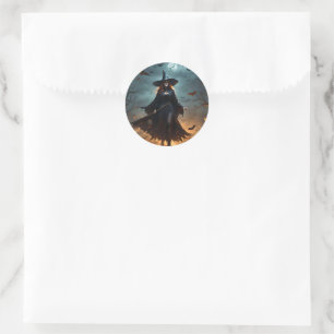 "Wicked Night: Scary Halloween Witch and Her Bats" Classic Round Sticker