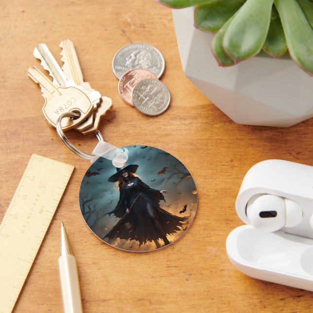 "Wicked Night: Scary Halloween Witch and Her Bats" Keychain (Desk)
