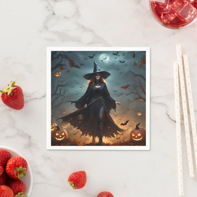 "Wicked Night: Scary Halloween Witch and Her Bats" Napkins (Insitu)