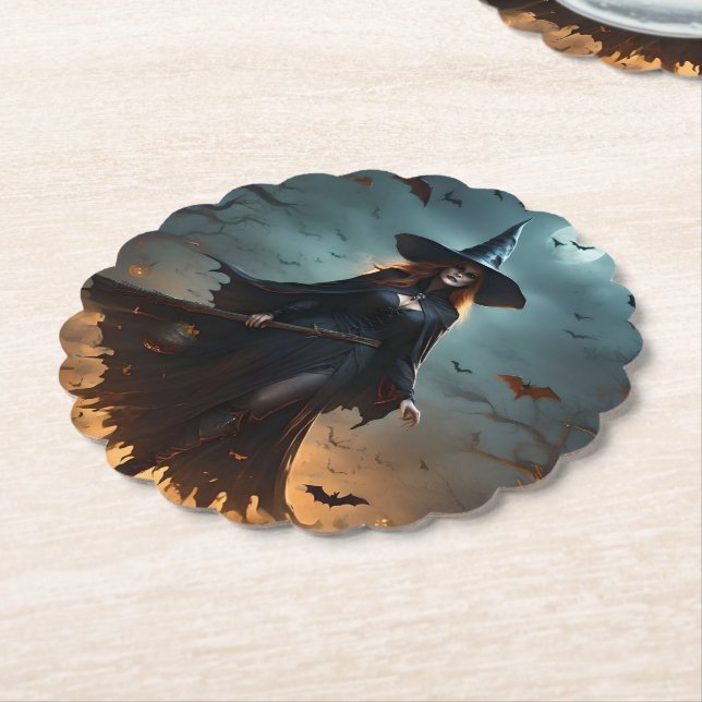 "Wicked Night: Scary Halloween Witch and Her Bats" Paper Coaster (Angled)