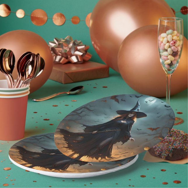 "Wicked Night: Scary Halloween Witch and Her Bats" Paper Plates (Multi)