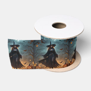 "Wicked Night: Scary Halloween Witch and Her Bats" Satin Ribbon