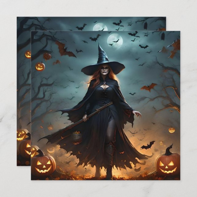 "Wicked Night: Scary Halloween Witch and Her Bats" Save The Date (Front/Back)