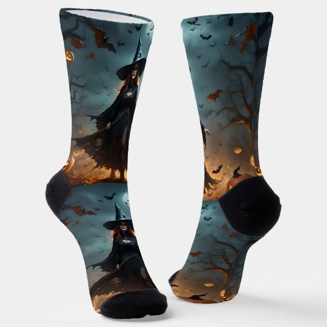 "Wicked Night: Scary Halloween Witch and Her Bats" Socks (Angled)