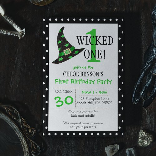 Wicked One Green Halloween First Birthday Invitation