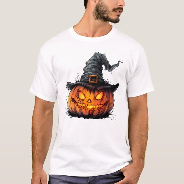 Wicked Pumpkin Witch Hat Halloween T-Shirt (Front)