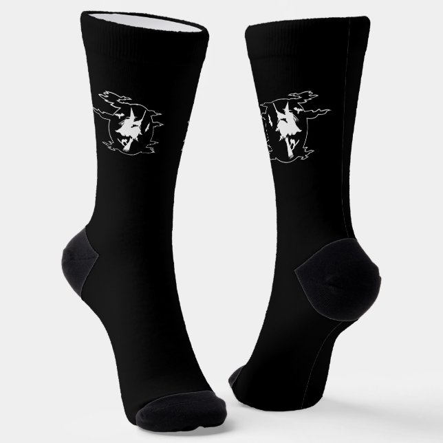 Wicked Spooky black white flying witch Halloween Socks (Angled)