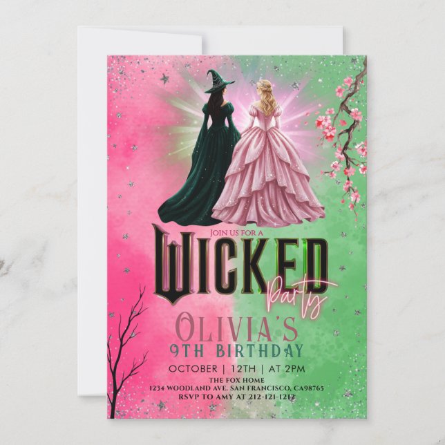 Wicked themed Elphaba & Glinda Birthday   Invitation (Front)