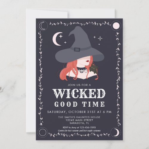 Wicked Witch Black Cat Halloween Party Invitation