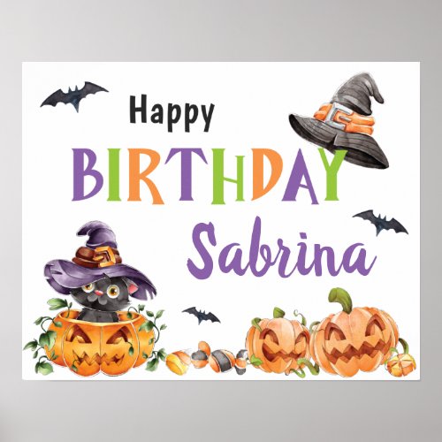 Wicked Witch Cat Halloween Any Age Happy Birthday Poster